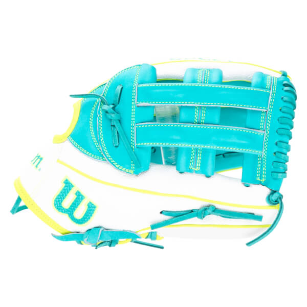 Top-down view of a white and teal baseball glove with yellow trim and a large teal "W" logo.