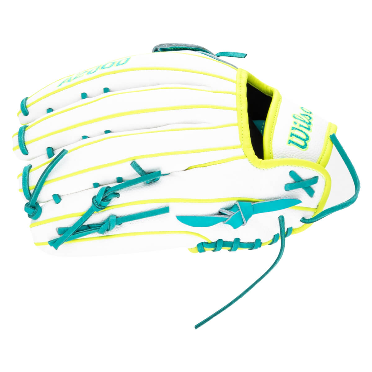 Top-down view of a white baseball glove with neon yellow piping and teal laces, showing the "Wilson" logo.