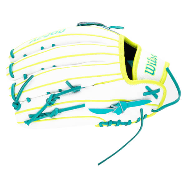 Top-down view of a white baseball glove with neon yellow piping and teal laces, showing the "Wilson" logo.
