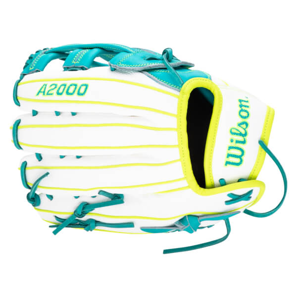 Front view of a white Wilson A2000 baseball glove with teal and lime green accents and lacing.