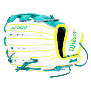 Front view of a white Wilson A2000 baseball glove with teal and lime green accents and lacing.