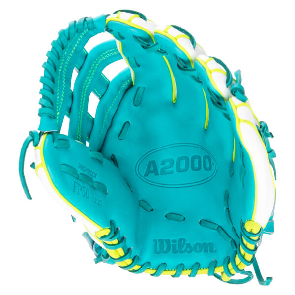Front view of a teal Wilson A2000 FP50 12.25 baseball glove with white and yellow accents.