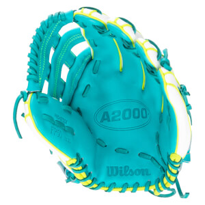 Front view of a teal Wilson A2000 FP50 12.25 baseball glove with white and yellow accents.