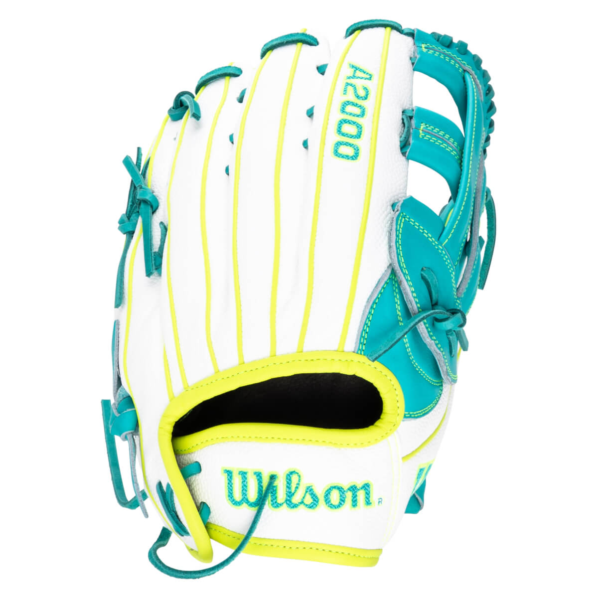 Front view of a white baseball glove with teal and yellow accents, featuring "A2000" and "Wilson" text.