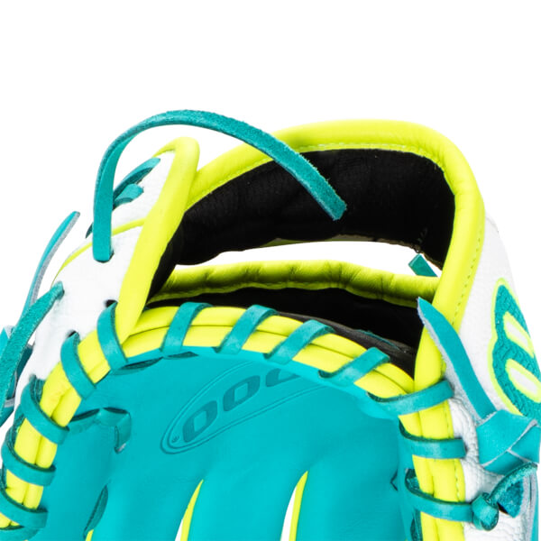 Close-up of a teal baseball glove with bright yellow lacing and white accents.