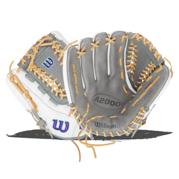 Top-down view of a gray Wilson A2000 baseball glove with white accents and tan lacing.