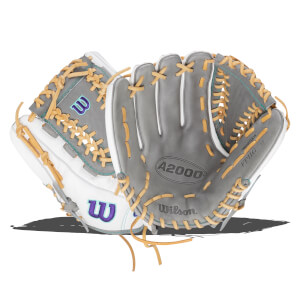 Top-down view of a gray Wilson A2000 baseball glove with white accents and tan lacing.