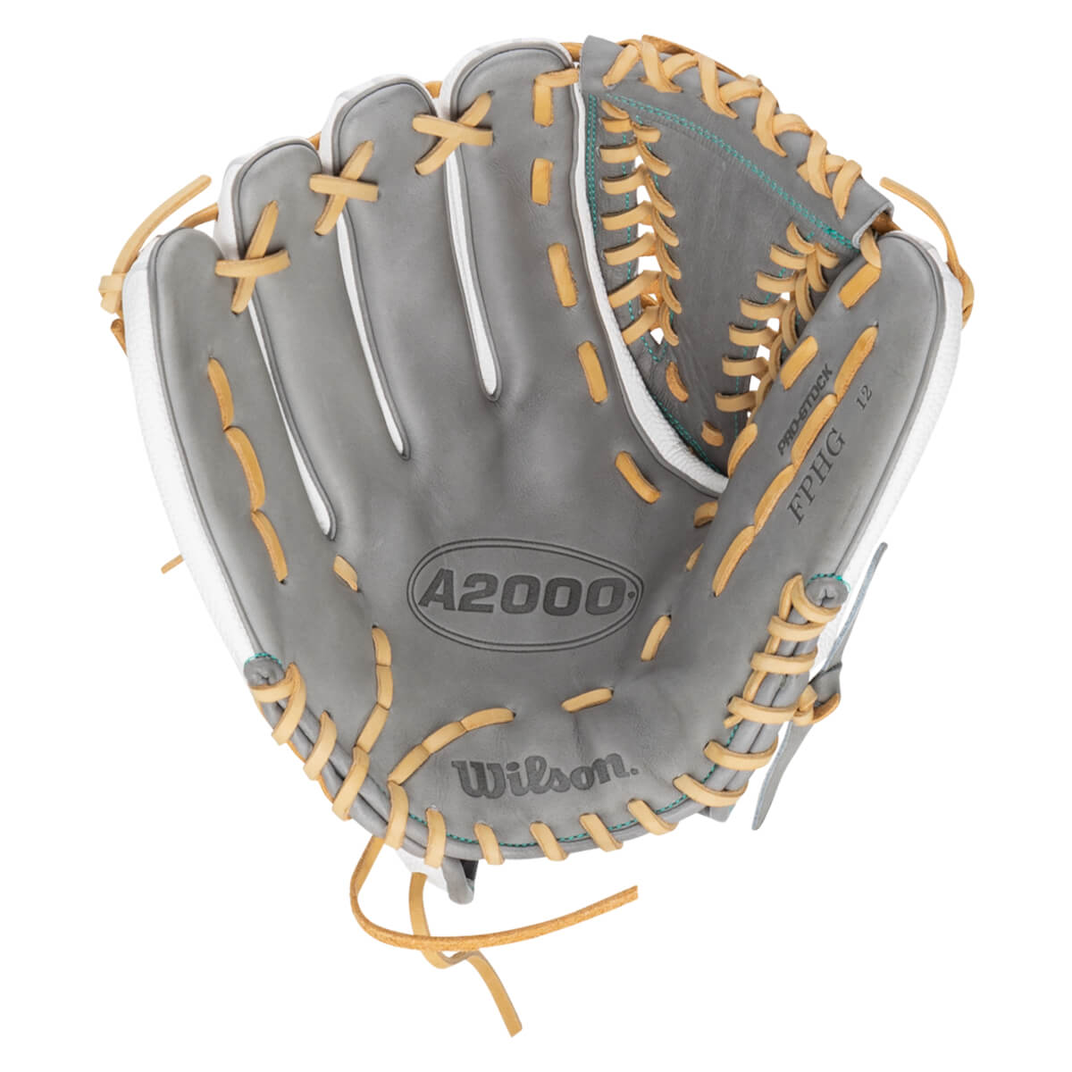 Top-down view of a gray Wilson A2000 baseball glove with tan lacing and white trim.