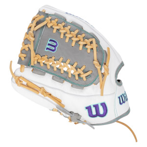 Side view of a white baseball glove with grey accents, tan lacing, and purple "B" and "Wilson" logos.