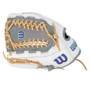 Side view of a white baseball glove with gray webbing, purple "B" logo, and "Wilson" text.