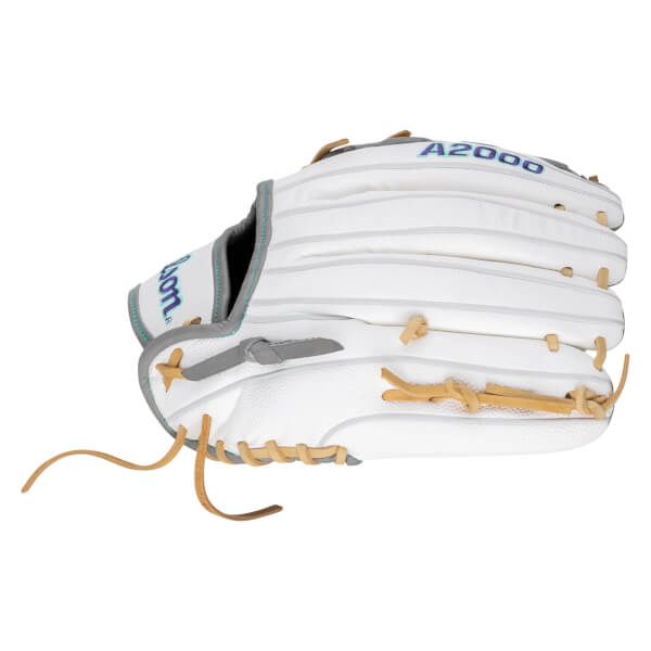 Side view of a white Wilson A2000 baseball glove with purple and teal accents and tan lacing.