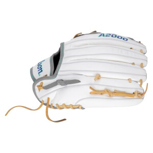 Side view of a white Wilson A2000 baseball glove with purple and teal accents and tan lacing.