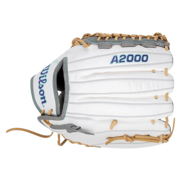 Side view of a white Wilson A2000 glove with purple and teal accents and tan lacing.