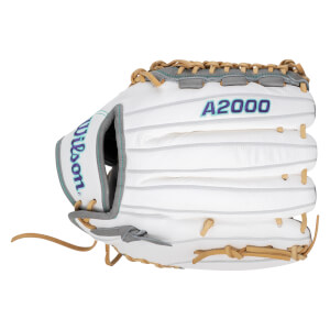 Side view of a white Wilson A2000 glove with purple and teal accents and tan lacing.