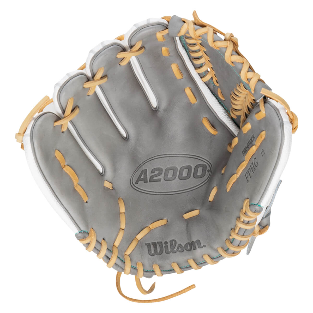 Top-down view of a grey Wilson A2000 baseball glove with tan lacing and "FPHG 12" text.