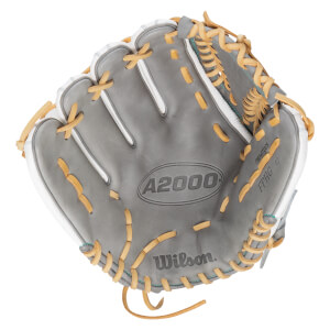 Top-down view of a grey Wilson A2000 baseball glove with tan lacing and "FPHG 12" text.