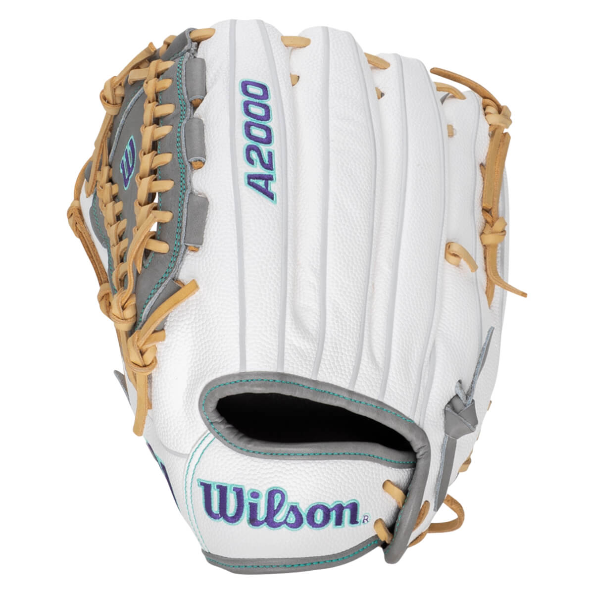 Top-down view of a white Wilson A2000 baseball glove with purple and teal accents.
