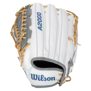 Top-down view of a white Wilson A2000 baseball glove with purple and teal accents.