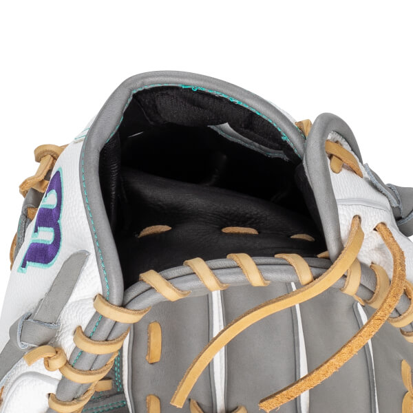 Interior view of a white baseball glove with gray accents and purple "W" logo.