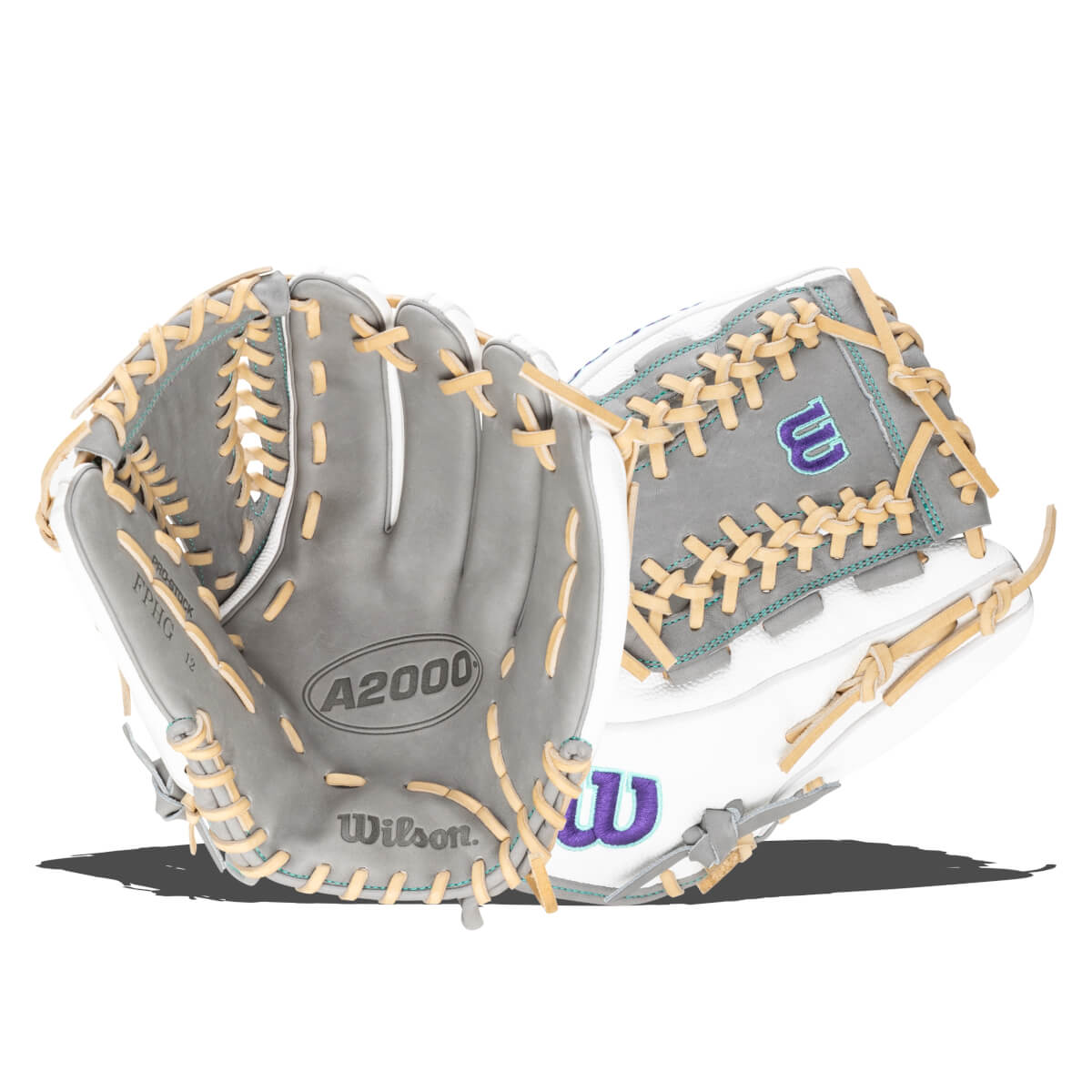 Front view of a gray and white Wilson A2000 baseball glove with tan lacing and purple "W" logo.