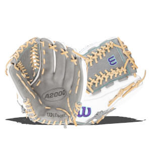 Front view of a gray and white Wilson A2000 baseball glove with tan lacing and purple "W" logo.
