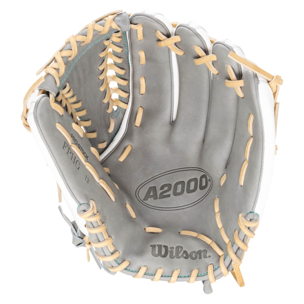 Top-down view of a gray Wilson A2000 baseball glove with tan lacing and "PRO-STOCK" text.