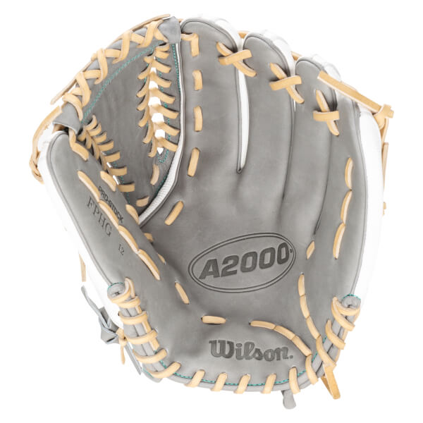 Top-down view of a gray Wilson A2000 baseball glove with tan lacing and "PRO-STOCK" text.