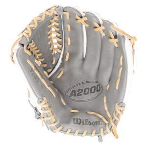 Top-down view of a gray Wilson A2000 baseball glove with tan lacing and "PRO-STOCK" text.