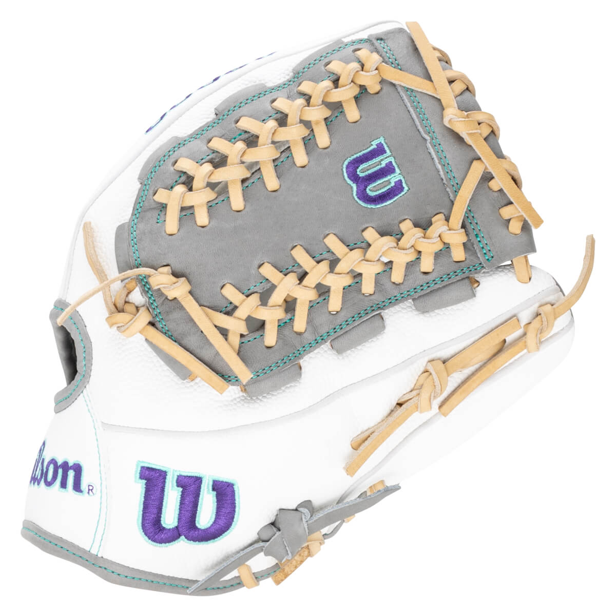 Side view of a white Wilson baseball glove with grey accents, purple "W" logo, and tan lacing.