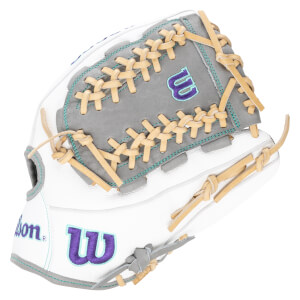 Side view of a white Wilson baseball glove with grey accents, purple "W" logo, and tan lacing.