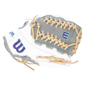 Top-down view of a white baseball glove with grey palm, purple "W" logo, and tan lacing.