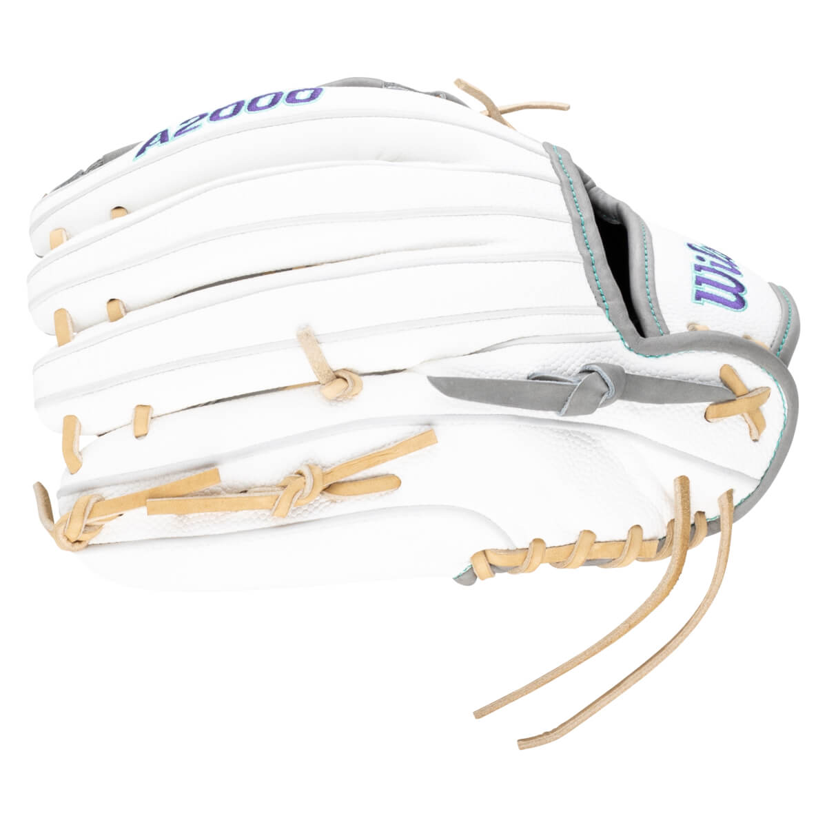 Side view of a white Wilson A2000 baseball glove with purple and teal stitching and tan lacing.