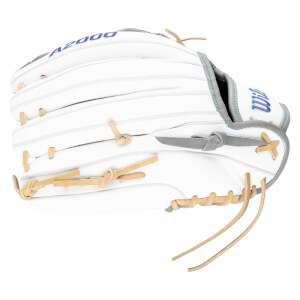 Side view of a white Wilson A2000 baseball glove with purple and teal stitching and tan lacing.