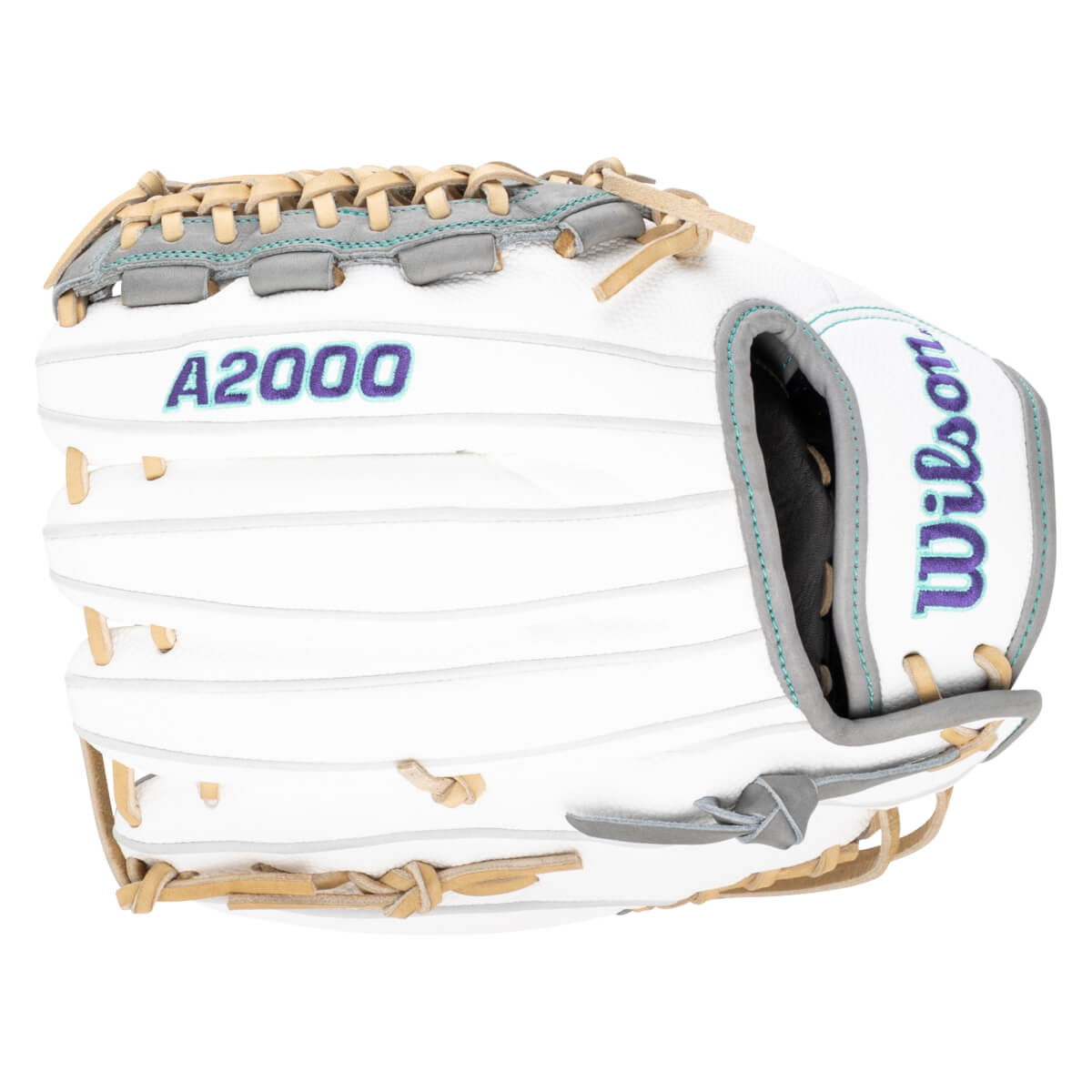 Front view of a white baseball glove with "A2000" and "Wilson" logos in purple and teal.