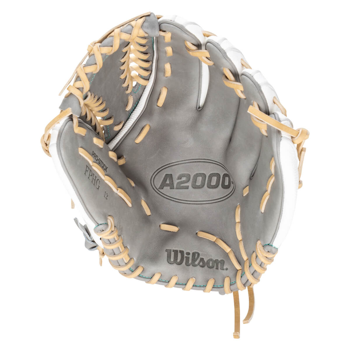 Top-down view of a gray Wilson A2000 baseball glove with tan lacing and white accents.