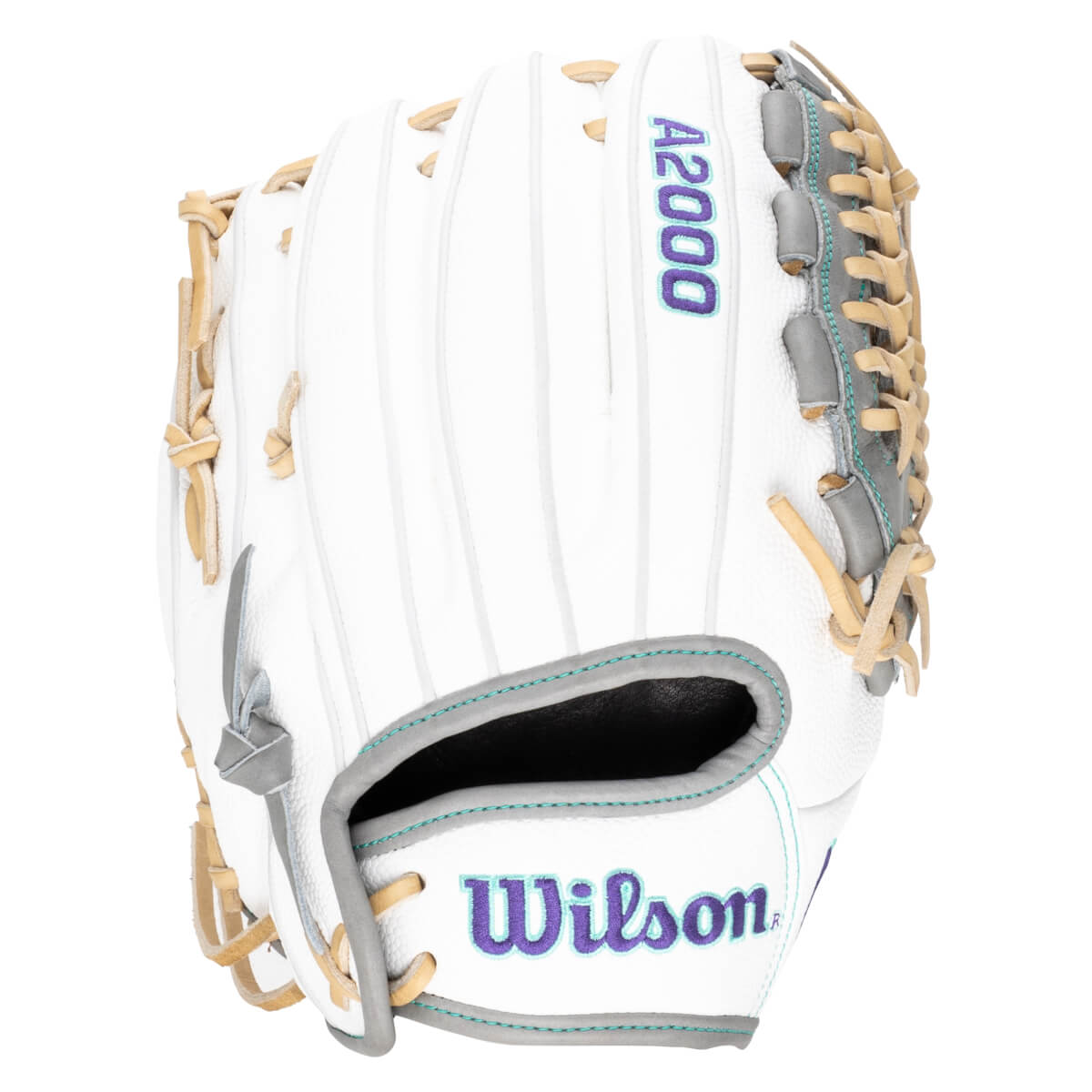 Front view of a white Wilson A2000 baseball glove with purple and teal stitching and embroidery.