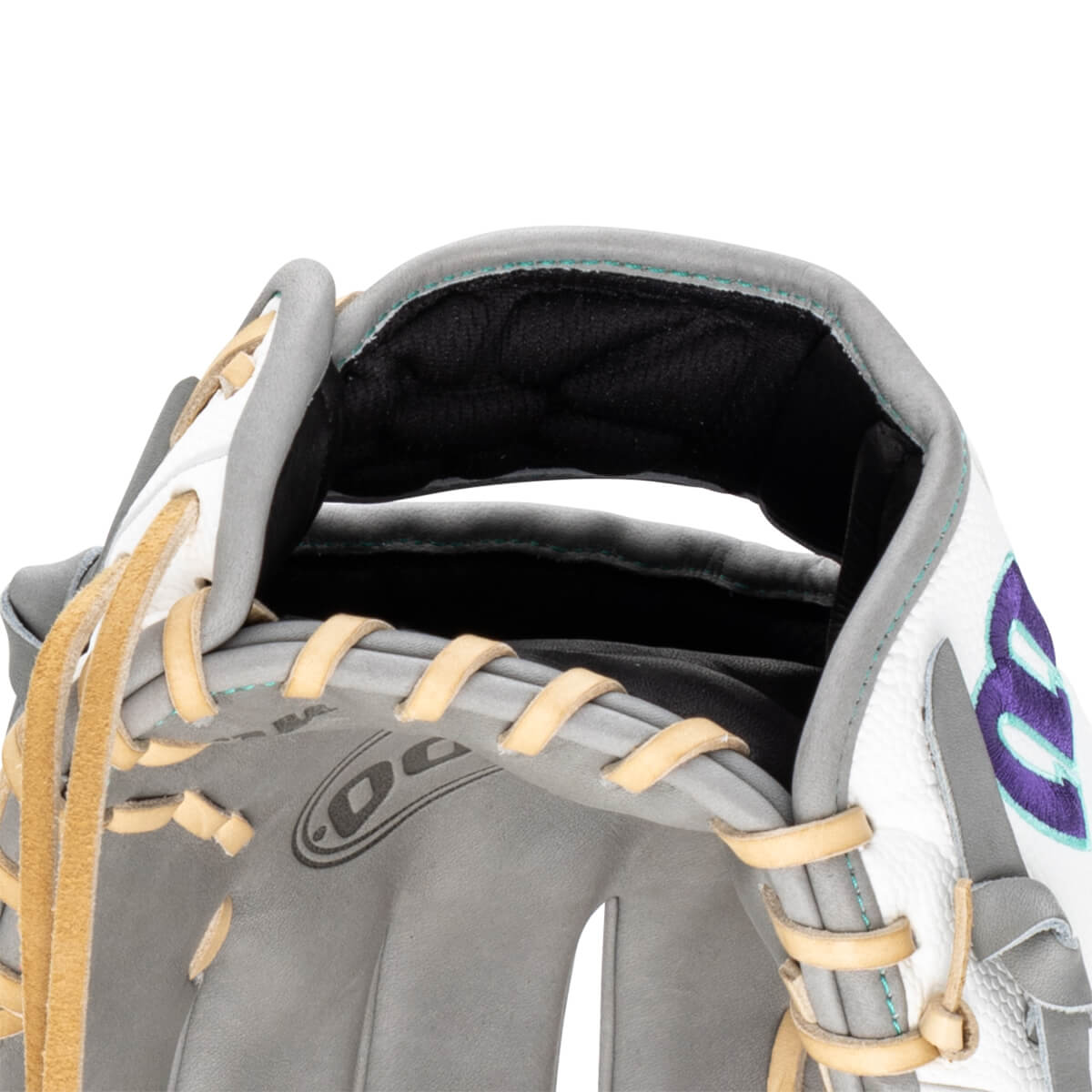 Top-down view of a gray baseball glove with tan lacing and a purple "B" logo.
