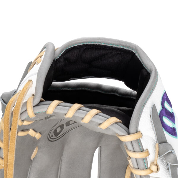 Top-down view of a gray baseball glove with tan lacing and a purple "B" logo.