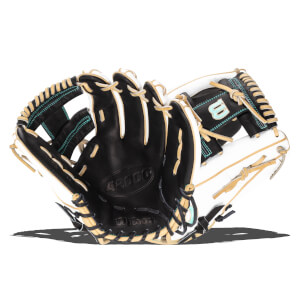 Open view of a black and white Wilson A2000 baseball glove with tan lacing and teal stitching.