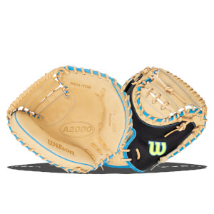 Front view of two baseball gloves, one tan with blue lacing and "PRO-TOE" text, the other black with tan and blue lacing and a neon "W" logo.