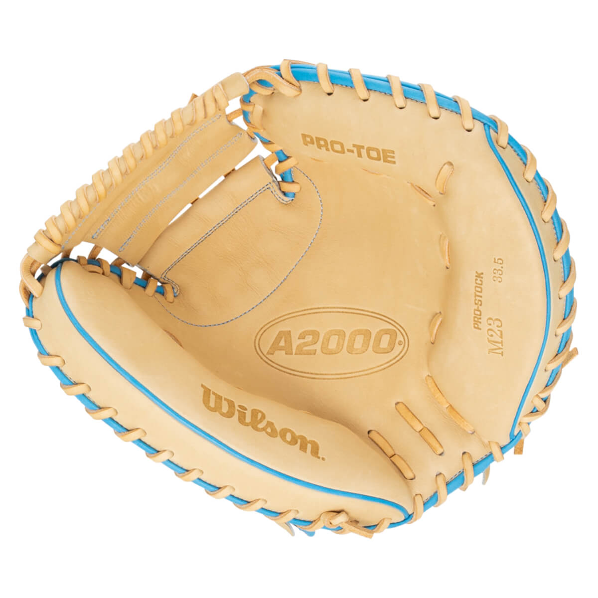 Top-down view of a tan Wilson A2000 M23 baseball glove with blue lacing and "PRO-STOCK" text.
