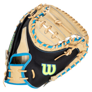 Front view of a black and tan baseball glove with bright blue lacing and a neon "W" logo.