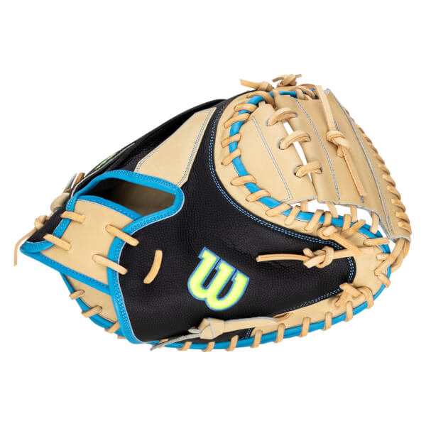 Top-down view of a black and tan catcher's mitt with bright blue lacing and a neon yellow "W" logo.