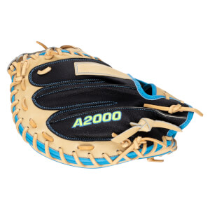 Close-up of a baseball glove showing the black palm with "A2000" in neon green and blue stitching, and tan lacing.