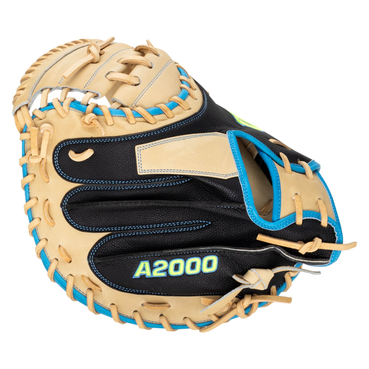 Front view of a black and tan baseball glove with blue lacing and "A2000" text.