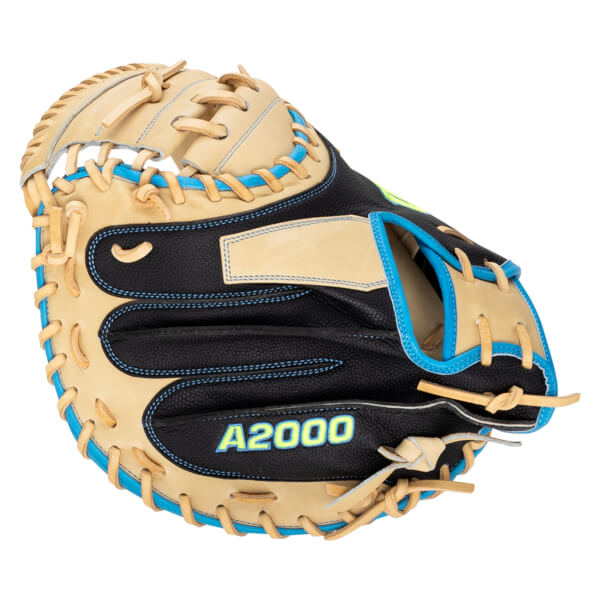 Front view of a black and tan baseball glove with blue lacing and "A2000" text.