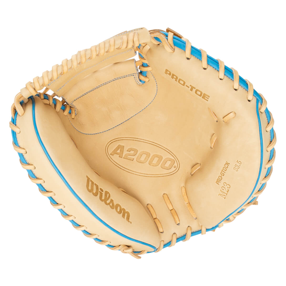 Top-down view of a tan baseball glove with blue lacing, showing "Wilson", "A2000", and "PRO-STOCK M23 33.5" text.