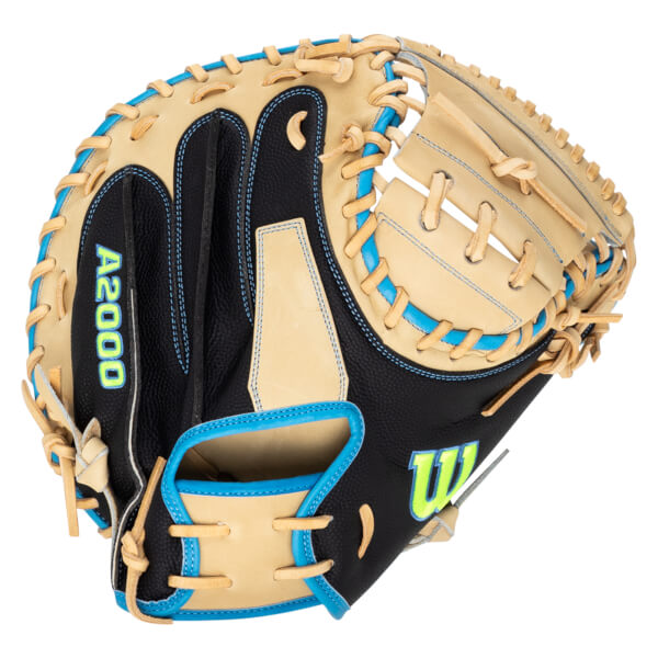 Front view of a black and tan baseball glove with blue lacing and "A2000" text.