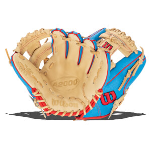Front view of a Wilson A2000 baseball glove with blue and red accents and "PRO-STOCK" text.