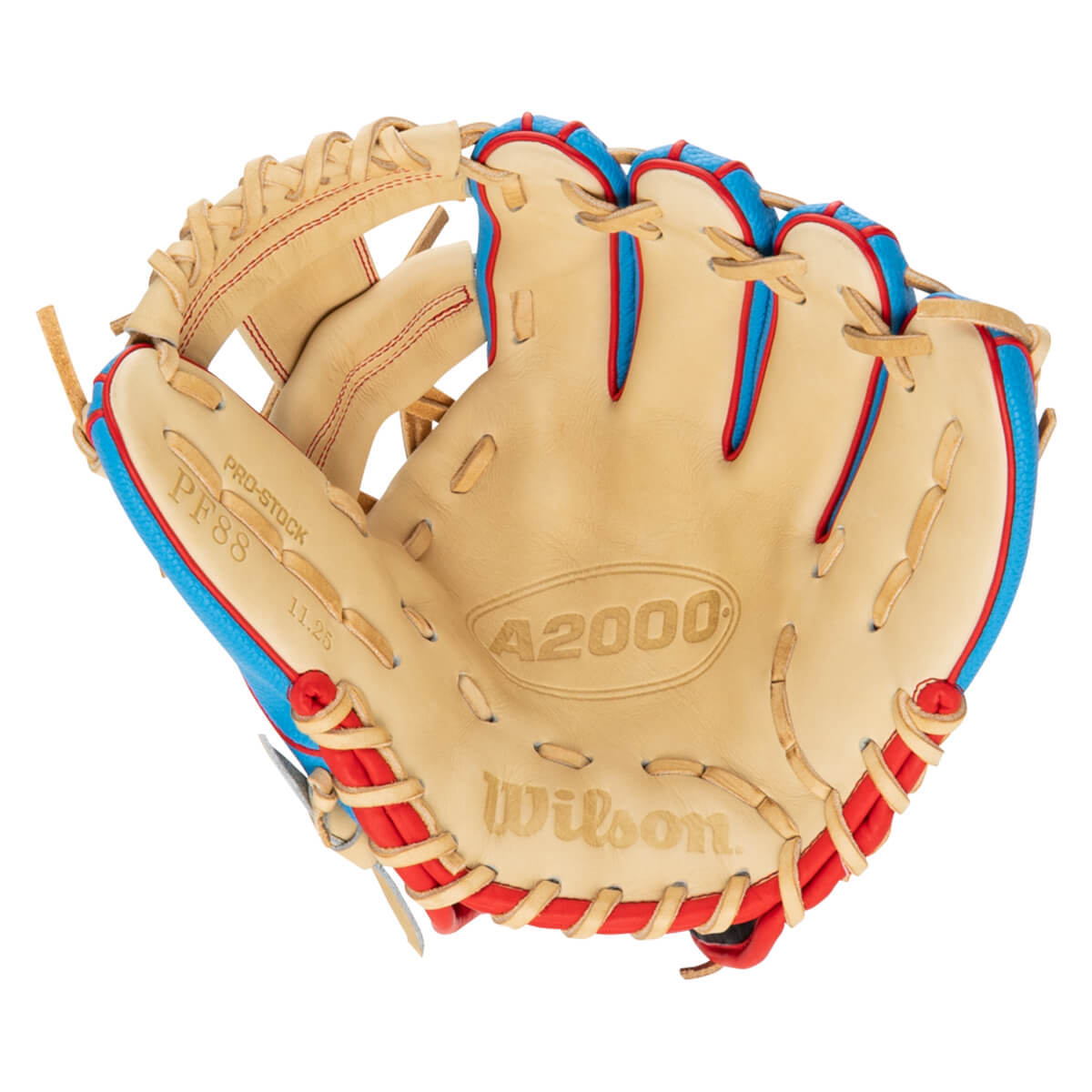 Top-down view of a tan Wilson A2000 baseball glove with blue and red lacing.
